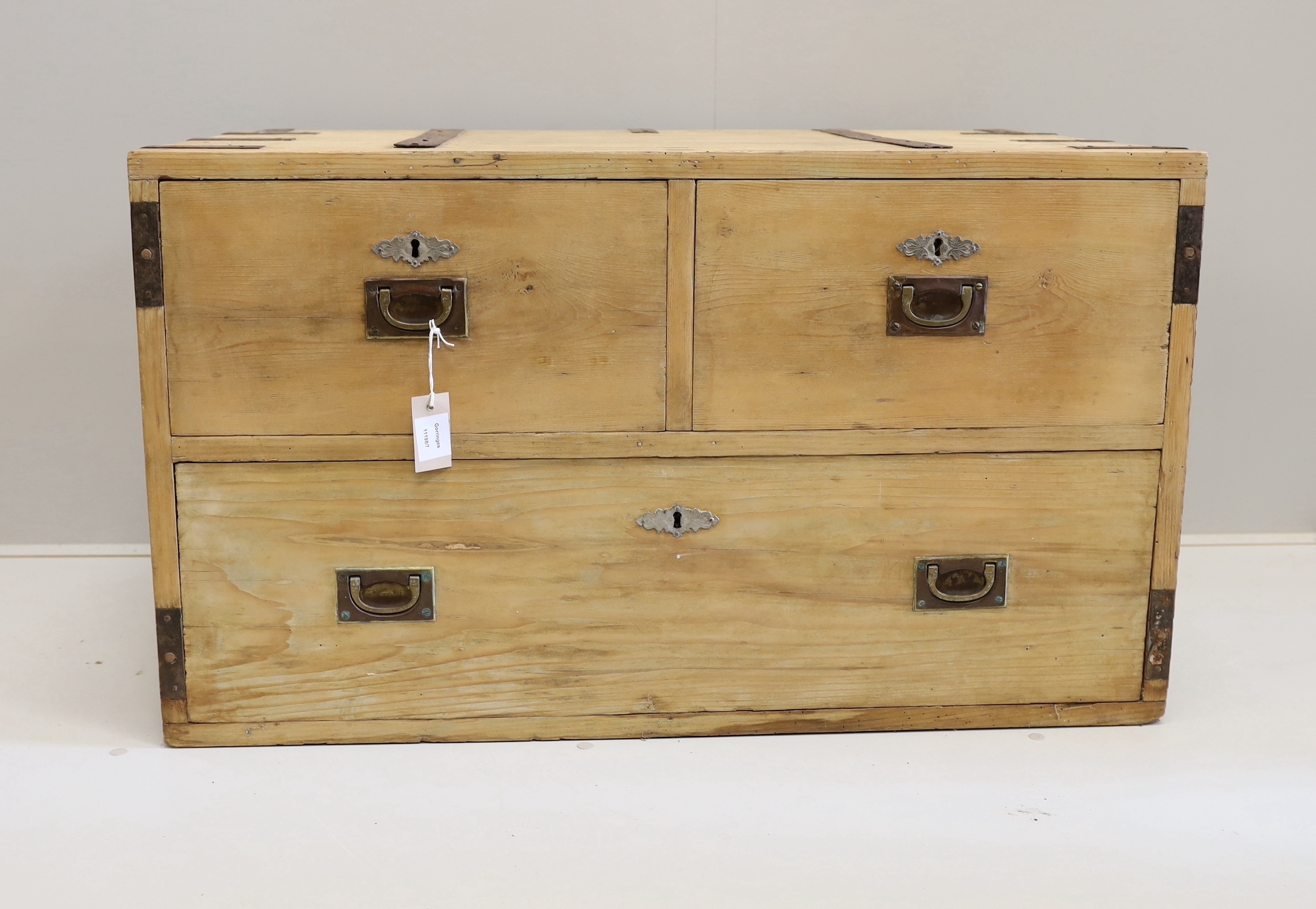 A 19th century iron bound pine three drawer low chest, width 96cm, depth 54cm, height 56cm